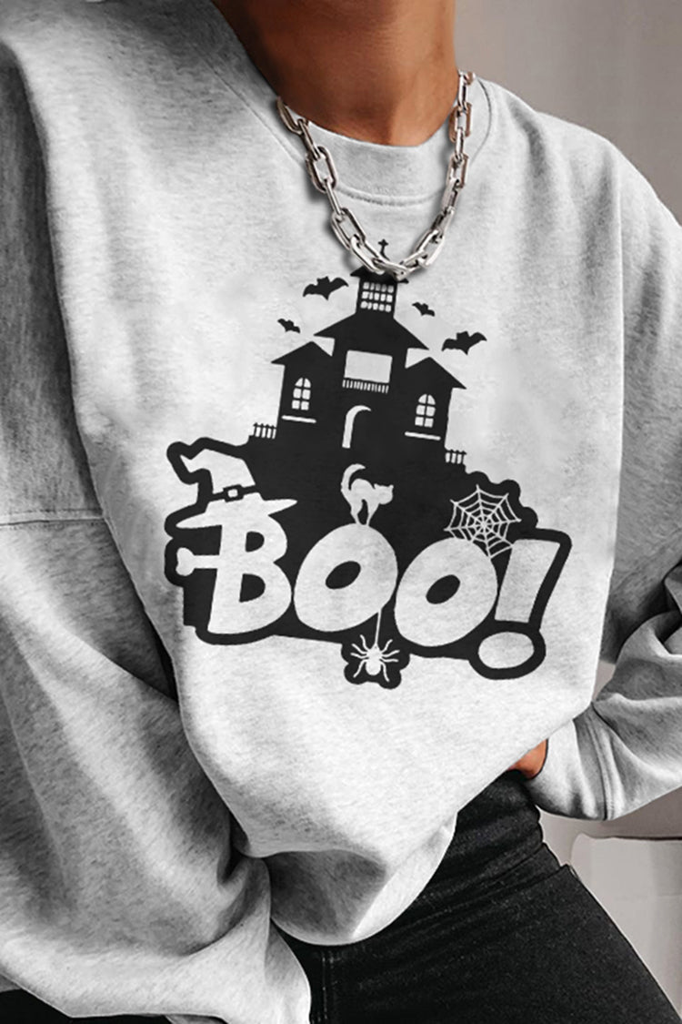 Long Sleeve Boo Cat Print Sweatshirt