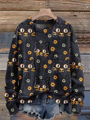 Black Cat Flower Autumn Season Halloween Art Print Knit Pullover Sweater