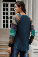 Women's Navy Color Block Long Sleeves Pullover Top