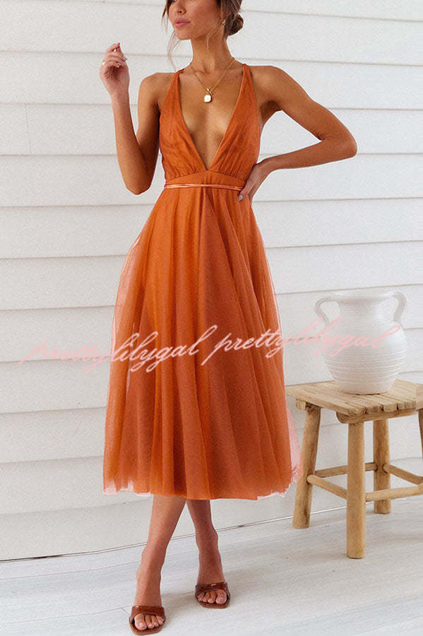 Feeling Romantic V Neck Tulle Midi Dress
