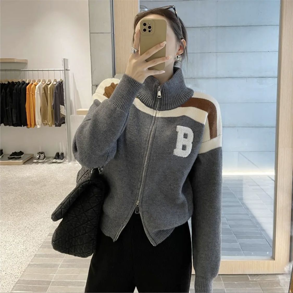 Patchwork Stand Neck Sweater Cardigan