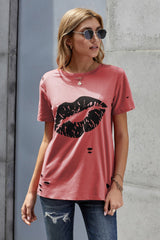 Women's Kiss The Lip Distressed Red Cotton Short Sleeve Tee