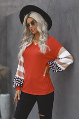 Women's Red V Neck Lantern Sleeve Leopard Stripe Splice Long Sleeve Top