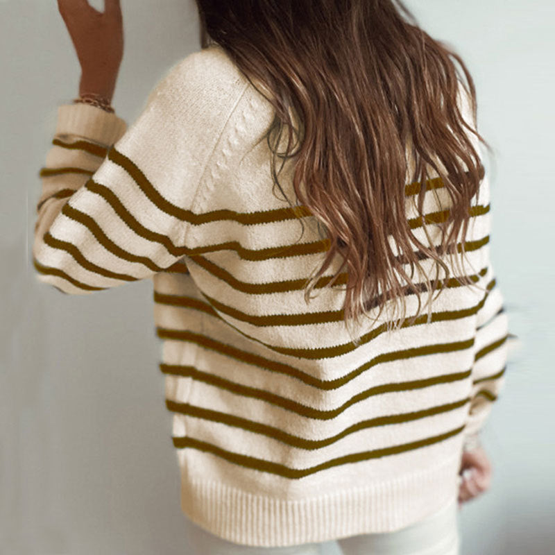 Casual Front Placket Stripe Swater