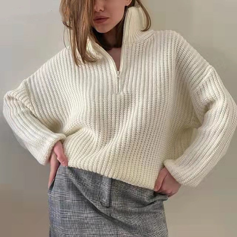 Zipper half turtleneck loose casual sweater
