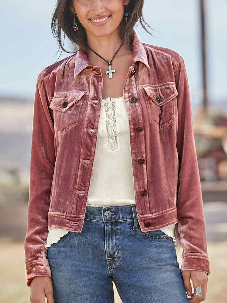 Fashion Pocket Solid Button Down Shirt Collar Jacket