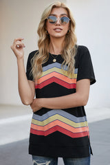 Women's Black Colorful Wavy Stripes Print Short Sleeve Tee