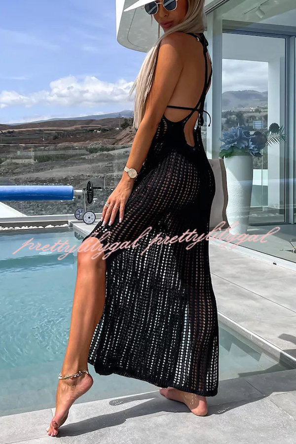 Deserted Island Crochet Knit Cross Back Cover Up Maxi Dress