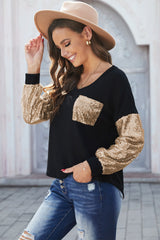 Women's Fashion Black Sequin Splicing Black V Neck Bishop Sleeves Top