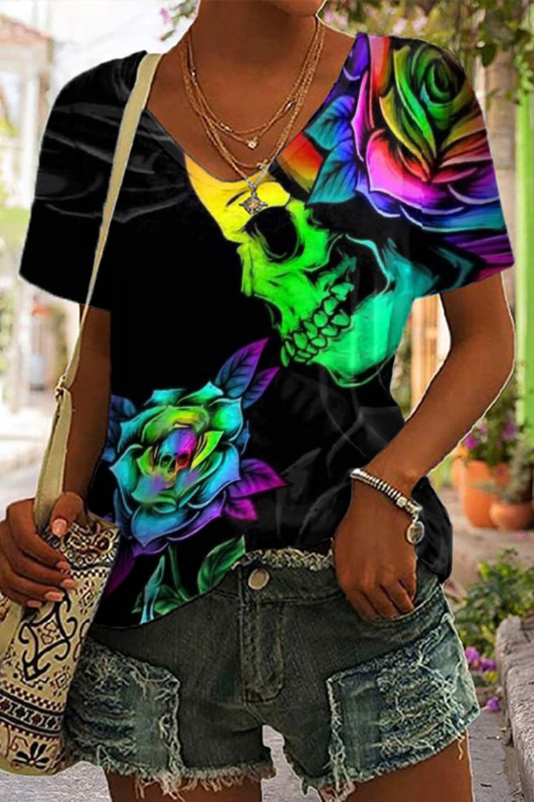 Rose Skull Print Short Sleeve T-Shirt