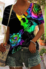 Rose Skull Print Short Sleeve T-Shirt
