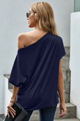 Women's Blue Off-The-Shoulder Slash Neck Casual Loose Fitting Top