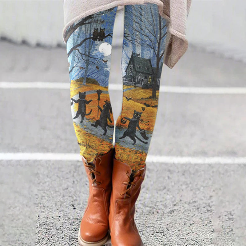 Halloween Cartoon Cat Print Leggings
