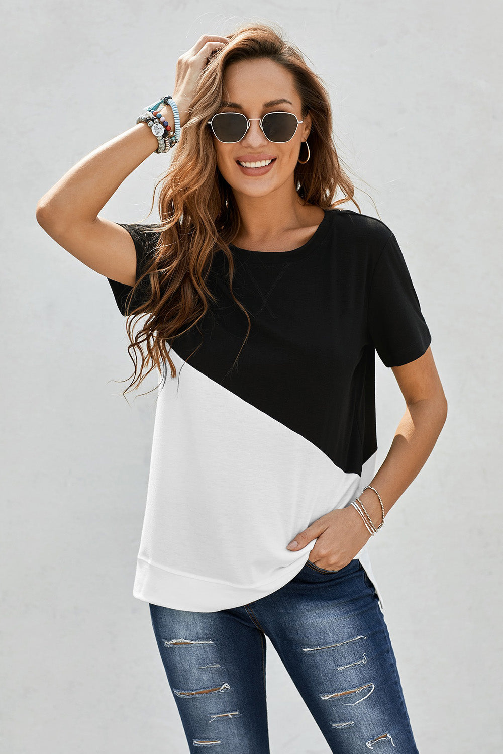 Women's Black Crew Neck Colorblock Short Sleeve Tee