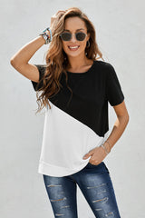 Women's Black Crew Neck Colorblock Short Sleeve Tee