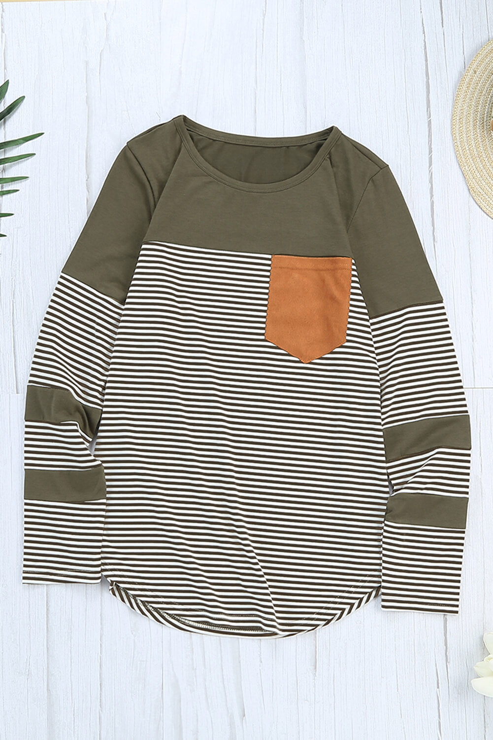 Women's Green Pinstripe Patch Pocket Long Sleeve Top