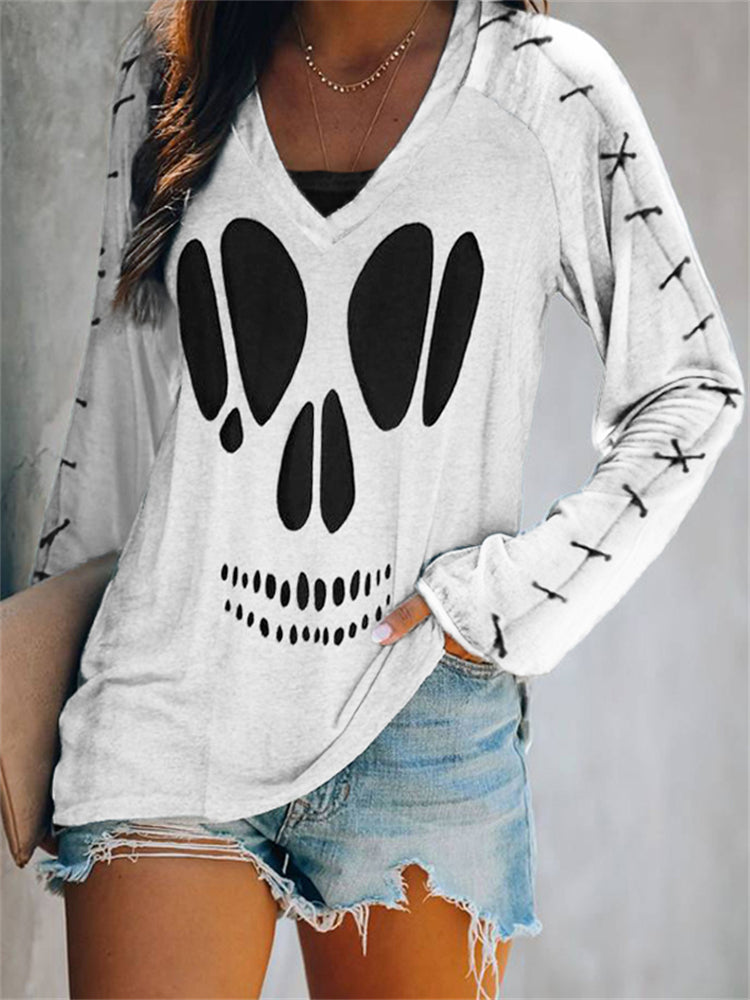 Skull Hollow Carved & Stitched Art V Neck T Shirt