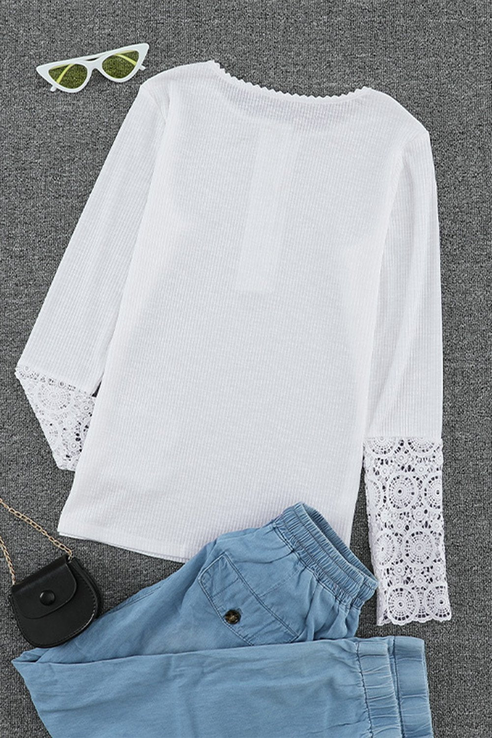 Women's Chic White Crochet Lace Hem Sleeve Button Top