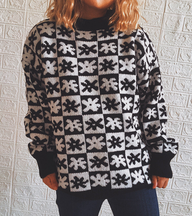 Casual Floral Plaid Round Collar Long Sleeve Loose Knit Sweater