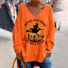 Women's Funny Halloween On A Dark Desert Highway Cool Wind In My Hair Casual V-Neck Long-Sleeve Top