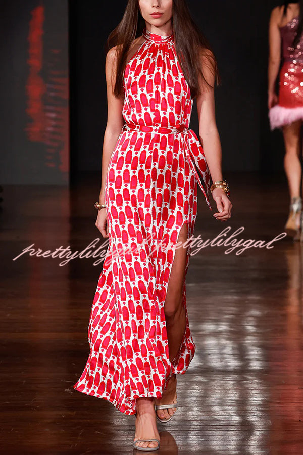 Unique Printed Sleeveless Halterneck Tie-waist Slit Maxi Dress