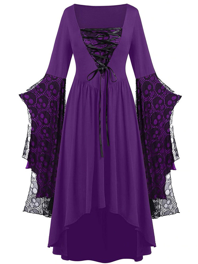 Halloween Skull Print Lace Stitching Dress