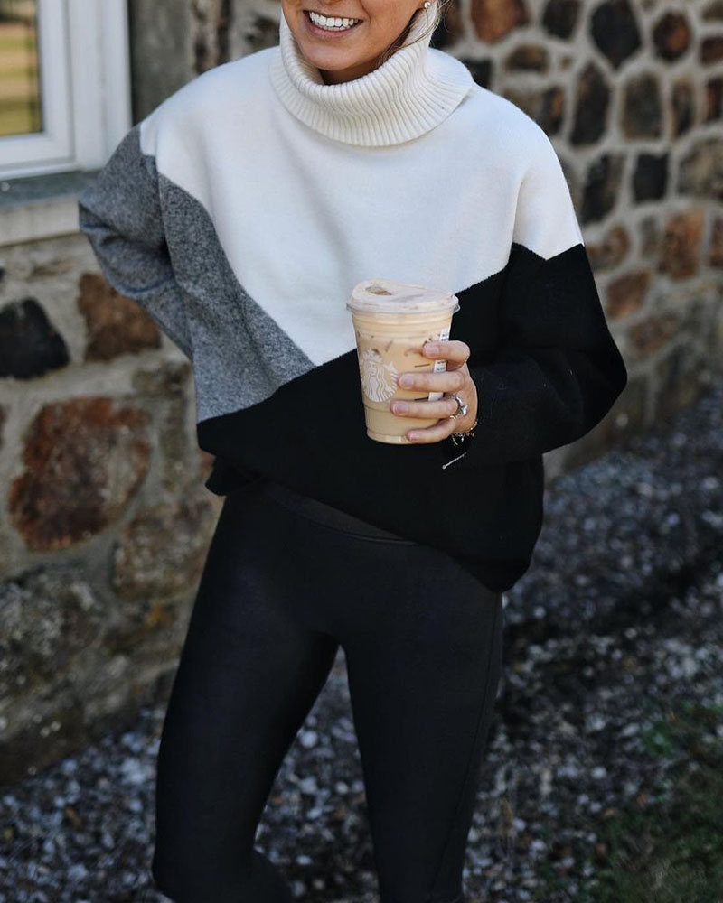Women's autumn and winter stitching plaid loose sweater