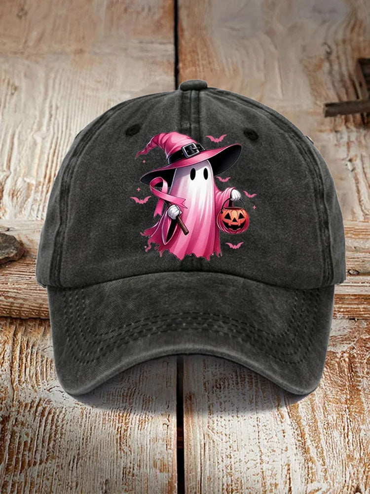 Women's Pink Halloween Ghost Breast Cancer Awareness Warrior Hat