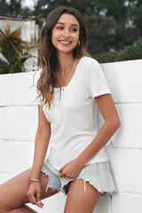 Women's White Short Sleeve Scoop Neck Buttoned Front Ribbed Knit Top