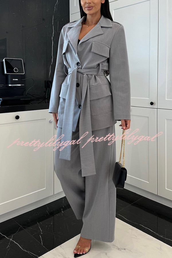 Business Needs Button Up Flap Pocket Belted Lapel Loose Jacket