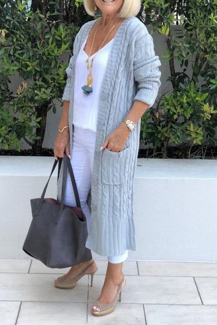 Casual Long Double Pocket Twist Sweater Cardigan