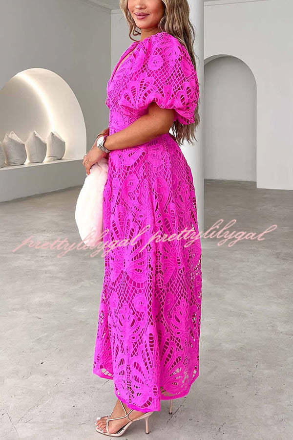 Solid Color V-neck Waist Slim Fit Hollow Lace Maxi Dress