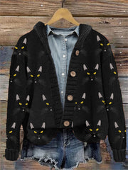 Black Cat Faces Embroidered Pattern Cozy Knit Hooded Cardigan