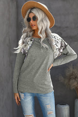 Women's Gray Leopard Snakeskin Print Long Sleeve Top