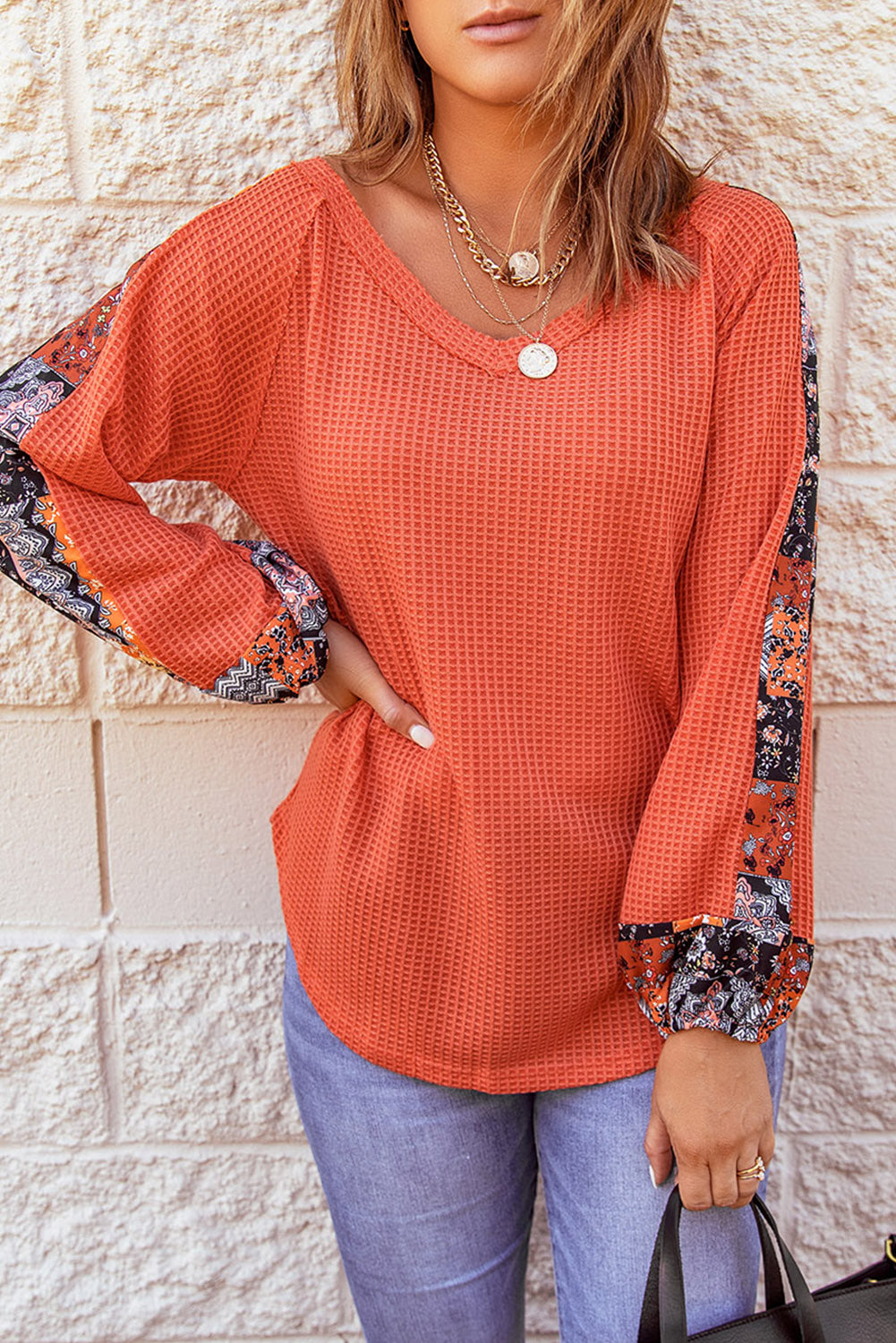 Women's Orange Long Sleeve Contrast Eyelet Thermal Knit Top