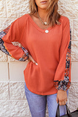 Women's Orange Long Sleeve Contrast Eyelet Thermal Knit Top