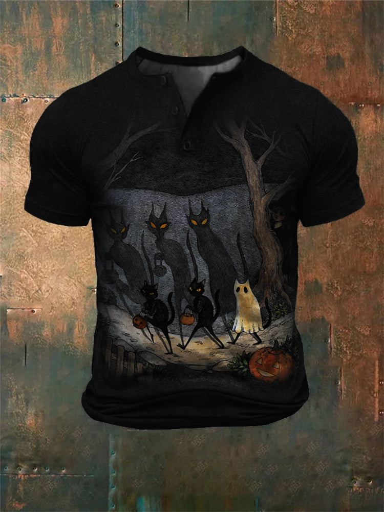 Men's Halloween Black Cats Graphic Washed Henley Shirt