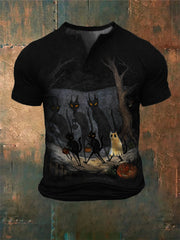 Men's Halloween Black Cats Graphic Washed Henley Shirt