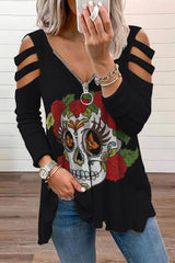 Rose Skull Print Cutout T-Shirt