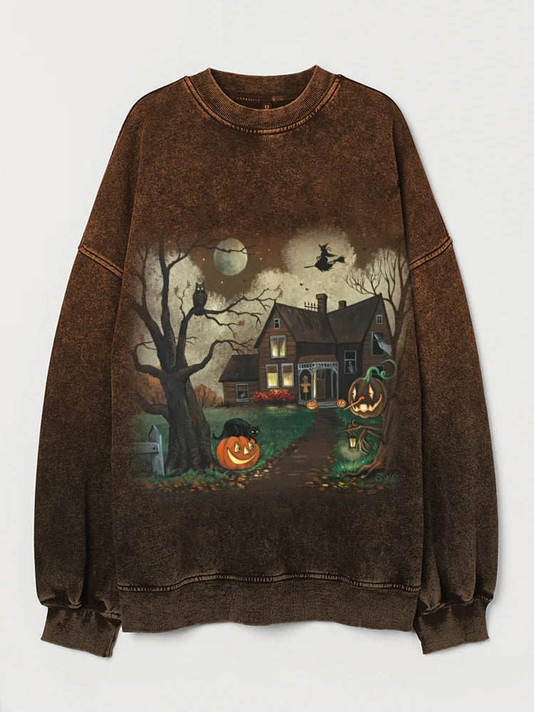 Vintage Halloween Art Graphic Gradient Washed Sweatshirt