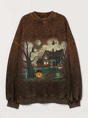 Vintage Halloween Art Graphic Gradient Washed Sweatshirt