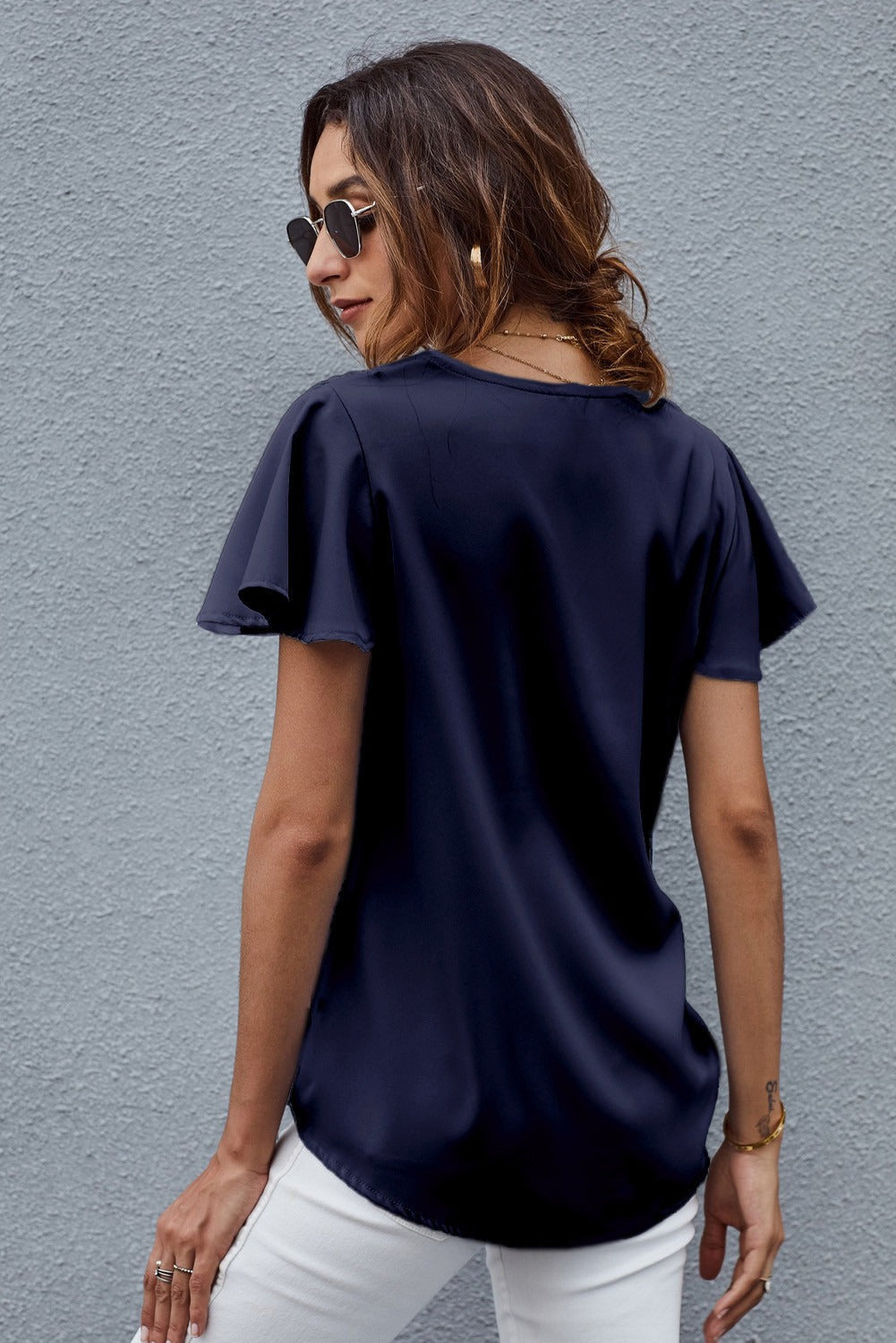 Women's Dark Blue V Neck Short Sleeve Tee