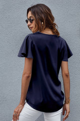Women's Dark Blue V Neck Short Sleeve Tee