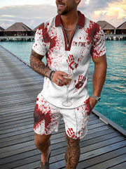 Men's Halloween I'm Fine Print Short Sleeve Polo Shirt And Shorts Co-Ord