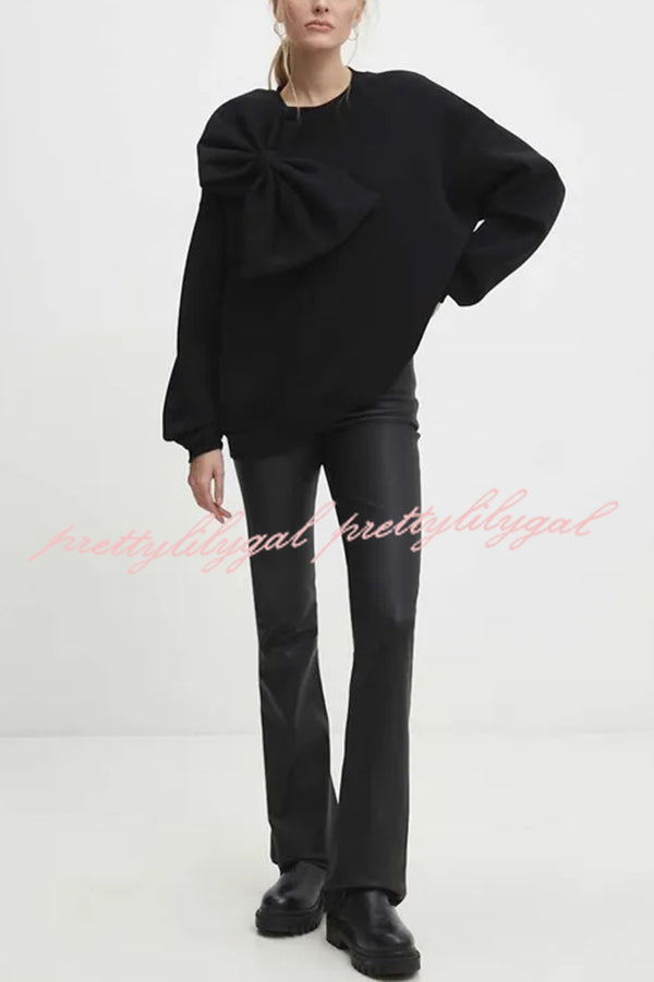 Solid Color Round Neck Long Sleeve Bow Loose Sweatshirts
