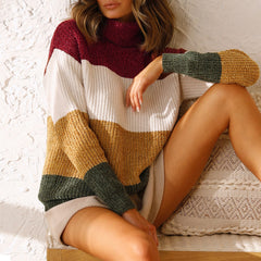 Contrast color high neck long sleeve casual languid breeze top