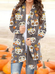 Halloween Cute Cat Print Long Sleeve Cardigan