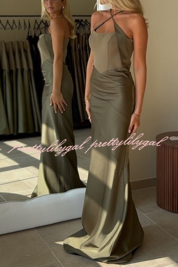 Dreya Satin Patchwork Cross Shoulder Straps Gown Maxi Dress