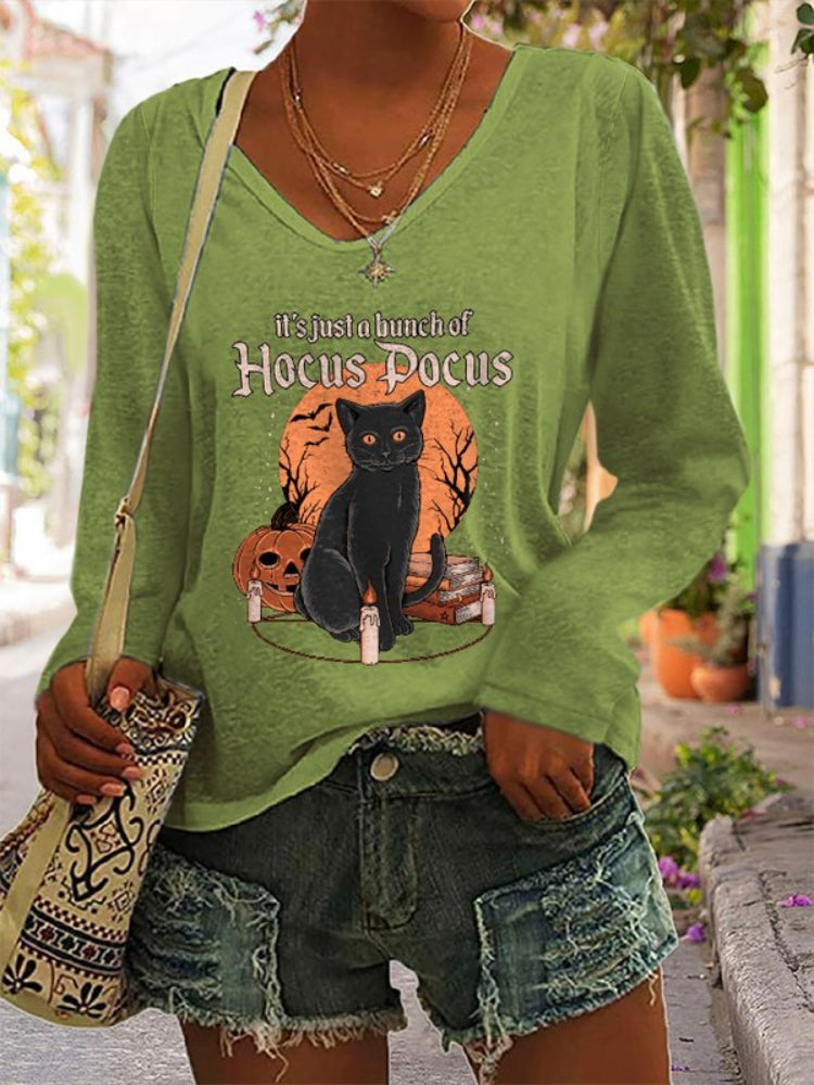 It's Just A Bunch Of Hocus Pocus Long Sleeve Halloween Black Cat Print T Shirt