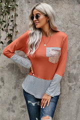 Women's Pink Stripe Pocket Sequins Splicing O-neck Long Sleeve Top
